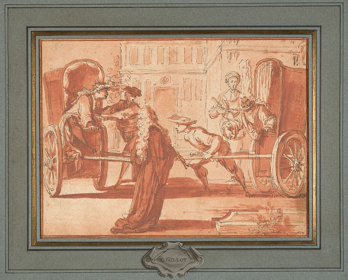 La scène des deux carrosses, Claude Gillot (French, Langres 1673–1722 Paris), Pen and black ink, brush and red wash