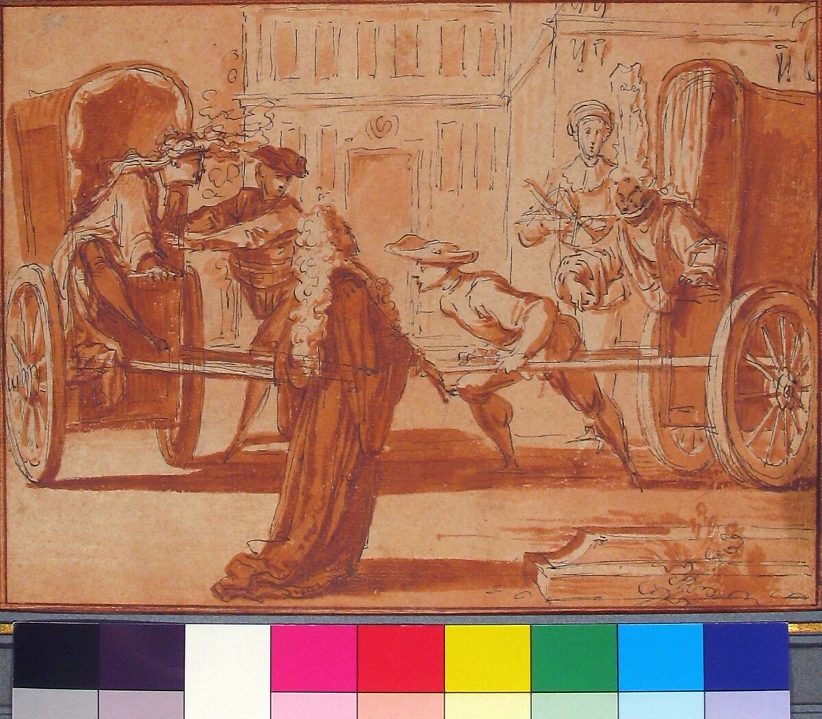 La scène des deux carrosses, Claude Gillot (French, Langres 1673–1722 Paris), Pen and black ink, brush and red wash