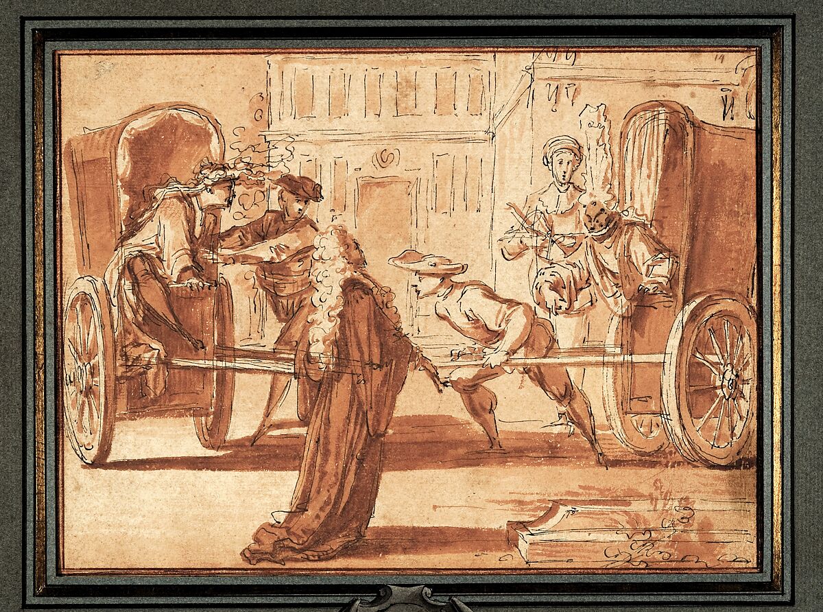 La scène des deux carrosses, Claude Gillot (French, Langres 1673–1722 Paris), Pen and black ink, brush and red wash
