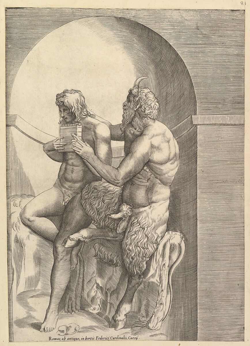 Speculum Romanae Magnificentiae: Pan Teaching the Young Olympus to Play the Flute, Anonymous, Engraving 