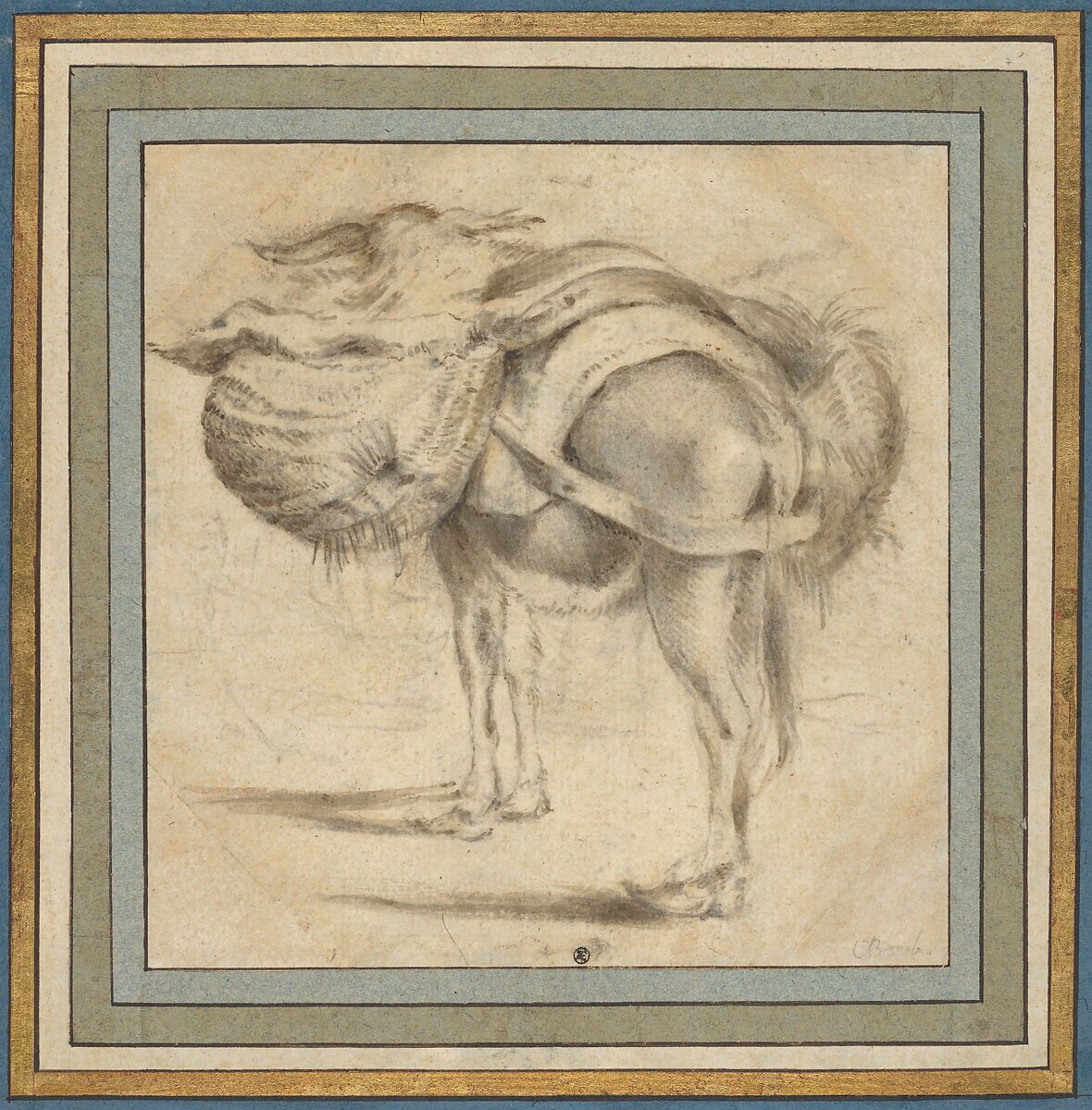 Study of a Donkey, Attributed to Pieter Jacobsz. van Laer (Dutch, Haarlem ca. 1592/95–1642 (?) Haarlem), Graphite, pen and brown ink and brush and gray ink on cream paper 