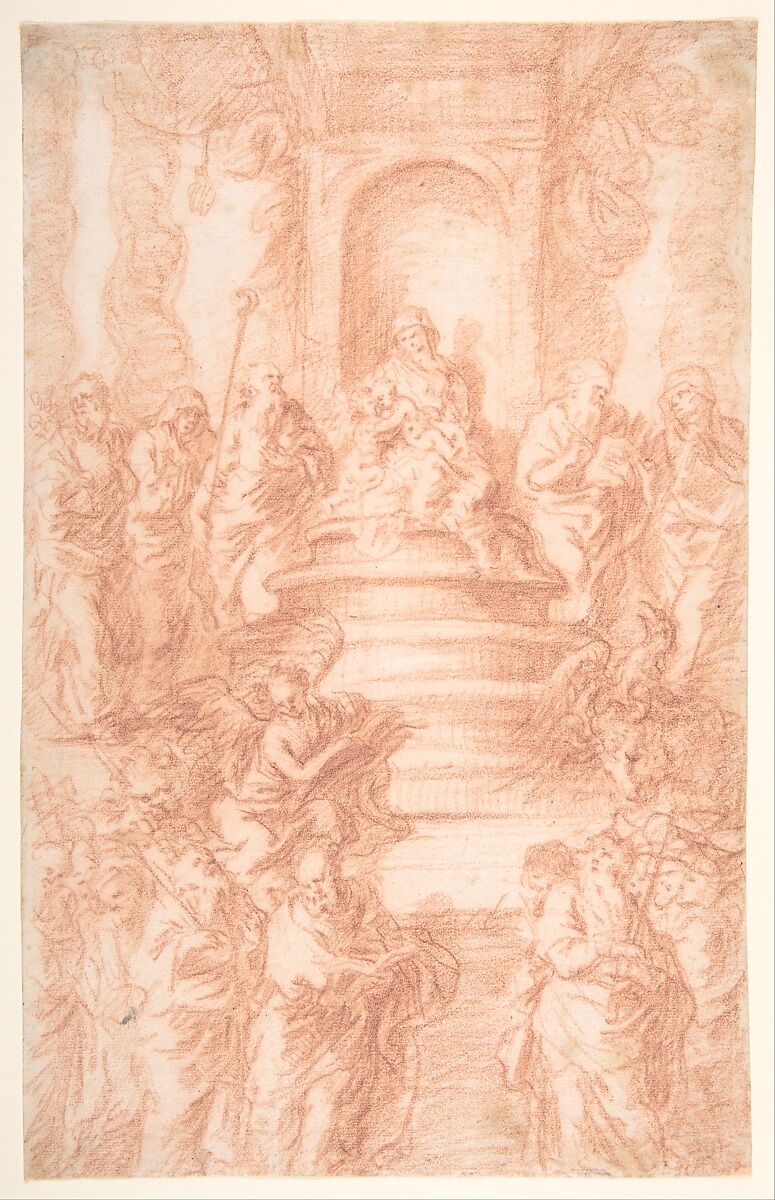 The Holy Kinship (Madonna and Child and St. John) with Prophets and Symbols of the Four Evangelists, Joachim von Sandrart (German, Frankfurt 1606–1688 Nuremberg), Red chalk 