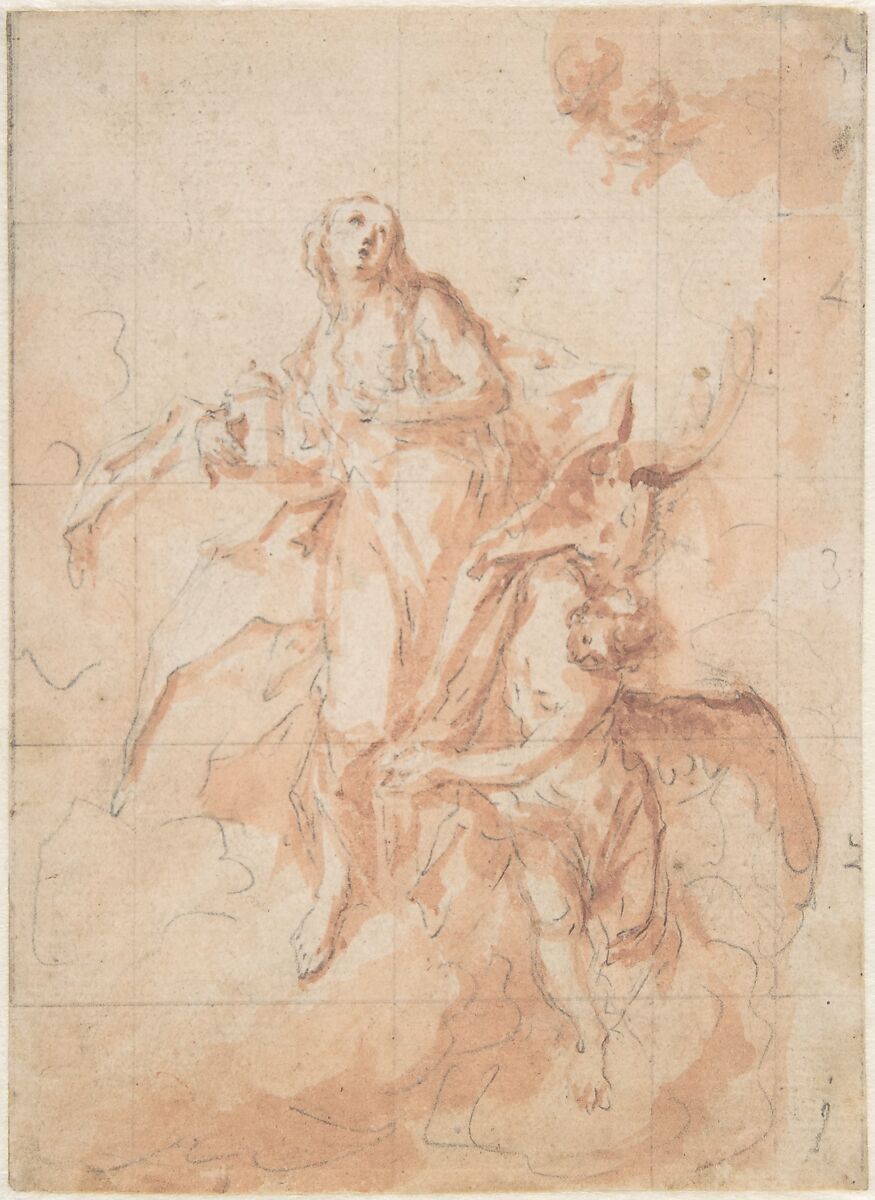 The Assumption of the Saint Mary Magdalen, Cosmas Damian Asam (German, Benediktbeuern 1686–1739 Munich), Graphite and brush and red washes 