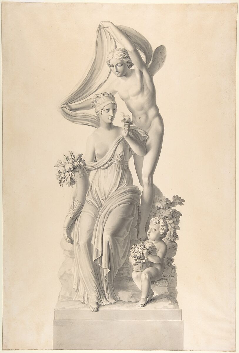 Flora and Zephyr, Josef Klieber (Austrian, Innsbruck 1773–1850 Vienna), Pen and black ink, gray wash 