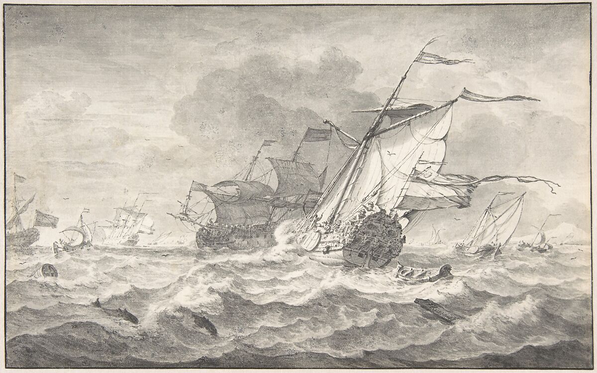 Merchant Ships and Smaller Sailing Boats in a Strong Breeze, Dolphins in the Waves, Hendrick Rietschoof (Dutch, Hoorn 1687–1746 Hoorn), Pen and gray ink and wash 
