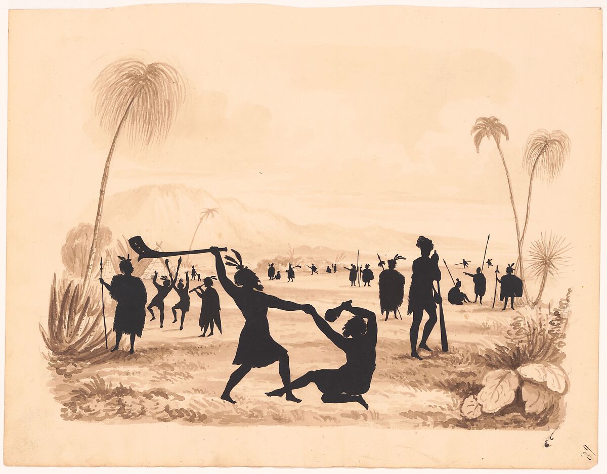South Sea Islanders, Auguste Edouart (French, 1789–1861), Cut paper with wash 