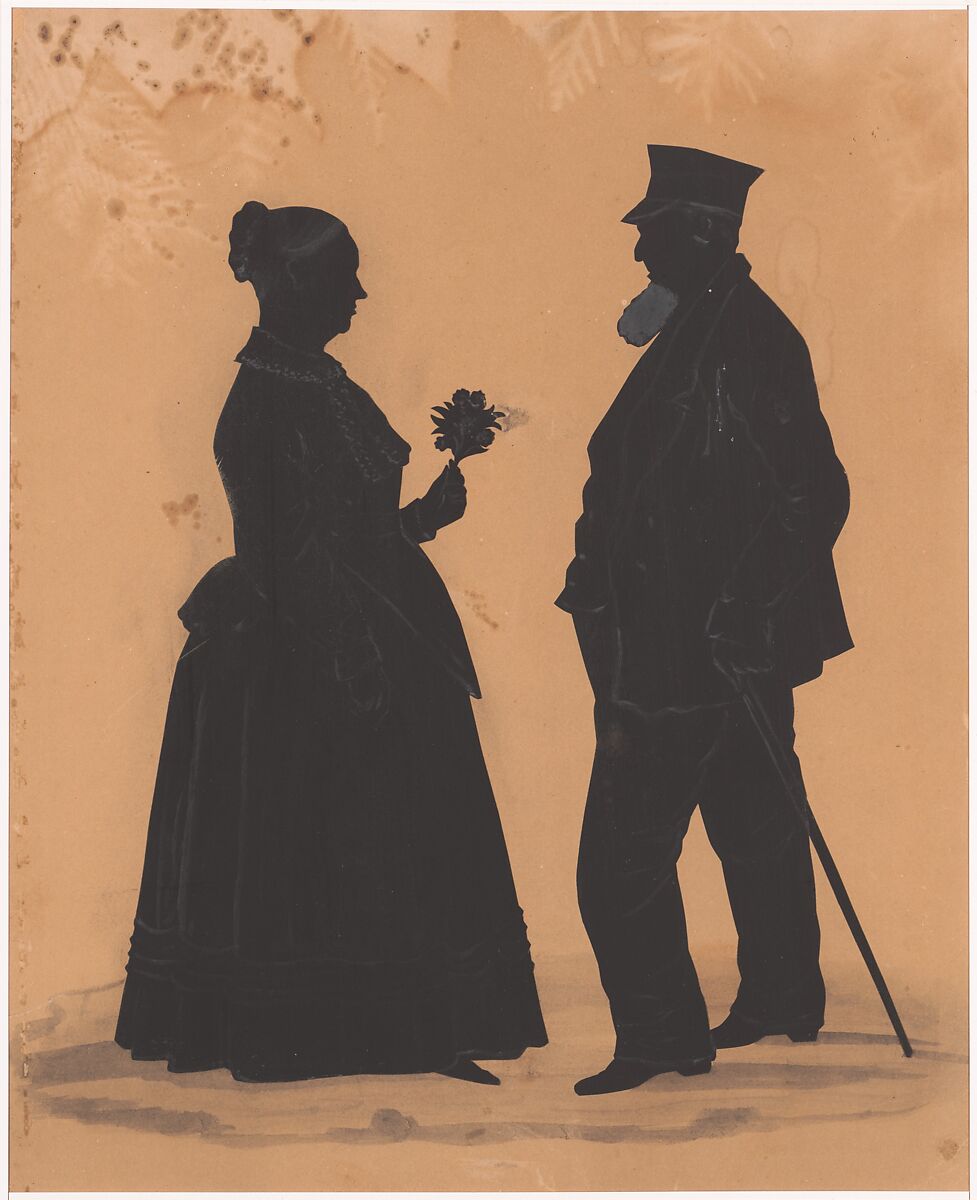 An old Man and Woman, Anonymous, American, 19th century, Cut paper with wash 