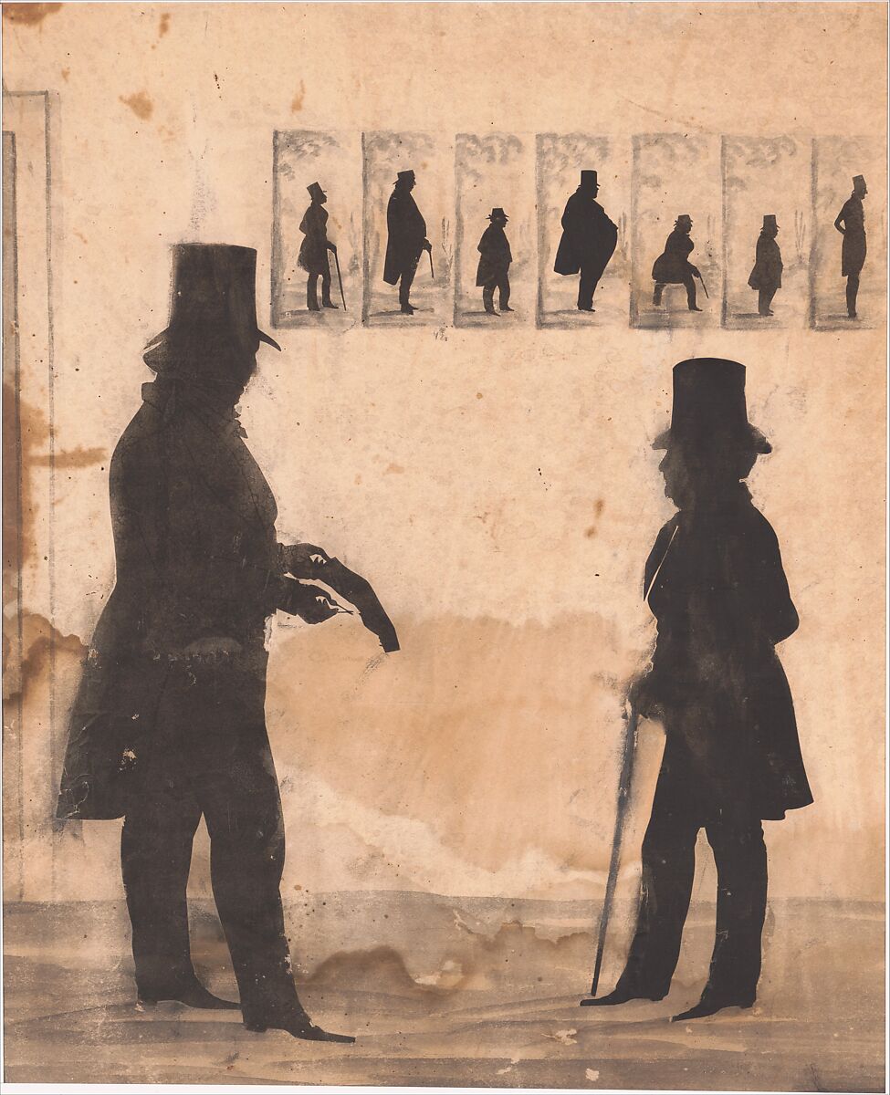 Two Men, One Cutting a Silhouette, Anonymous, American, 19th century, Cut paper and ink wash 