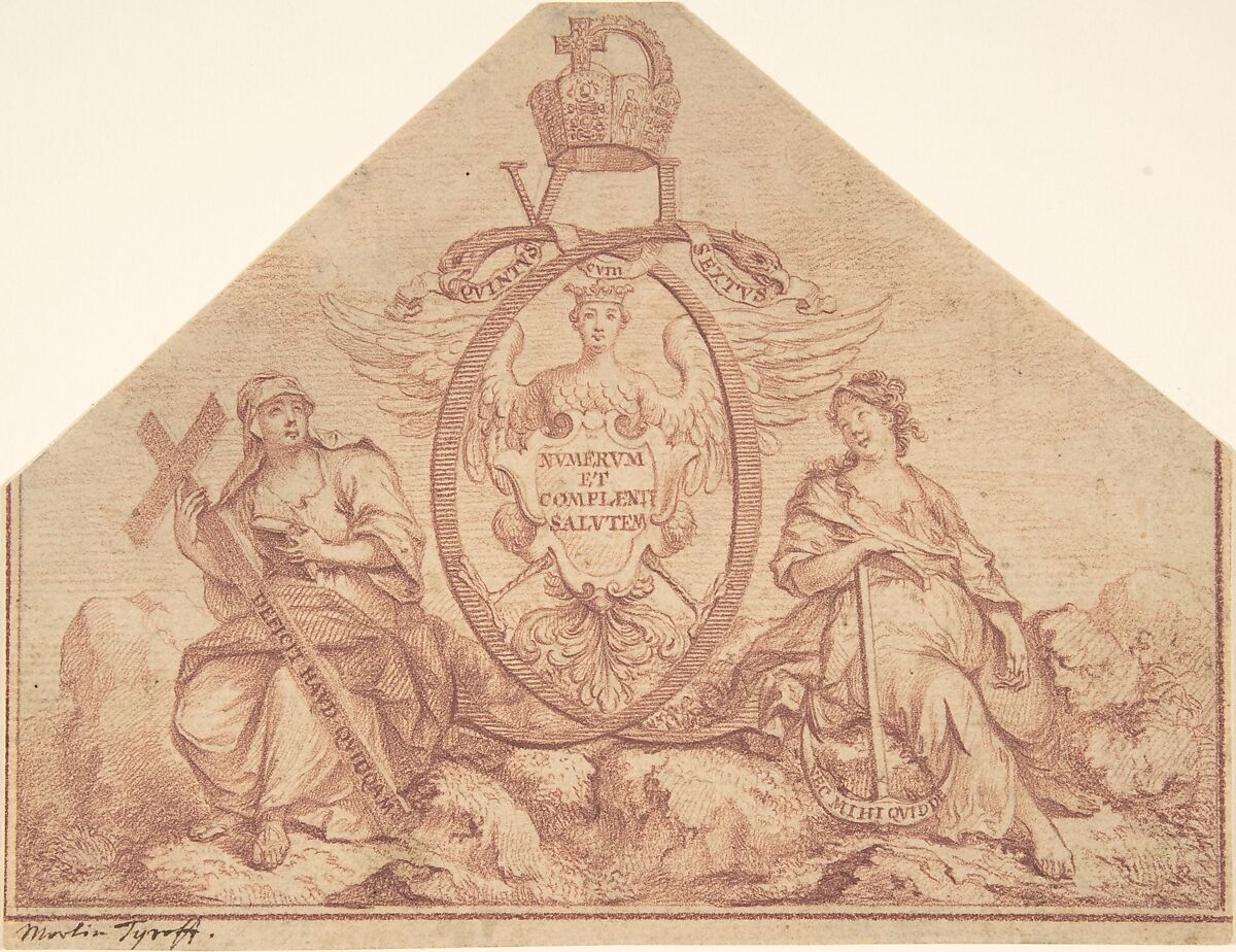 Design for a Frontispiece with Figures of Faith and Hope, Martin Tyroff (German, Augsburg 1704–ca. 1759), Red chalk 