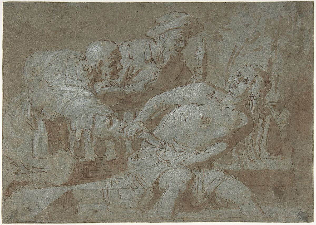 Susanna and the Elders, Gerrit van Honthorst (Dutch, Utrecht 1592–1656 Utrecht), Pen and brush and brown ink, heightened with white gouache, on blue paper; framing line in pen and brown ink, by a later hand 