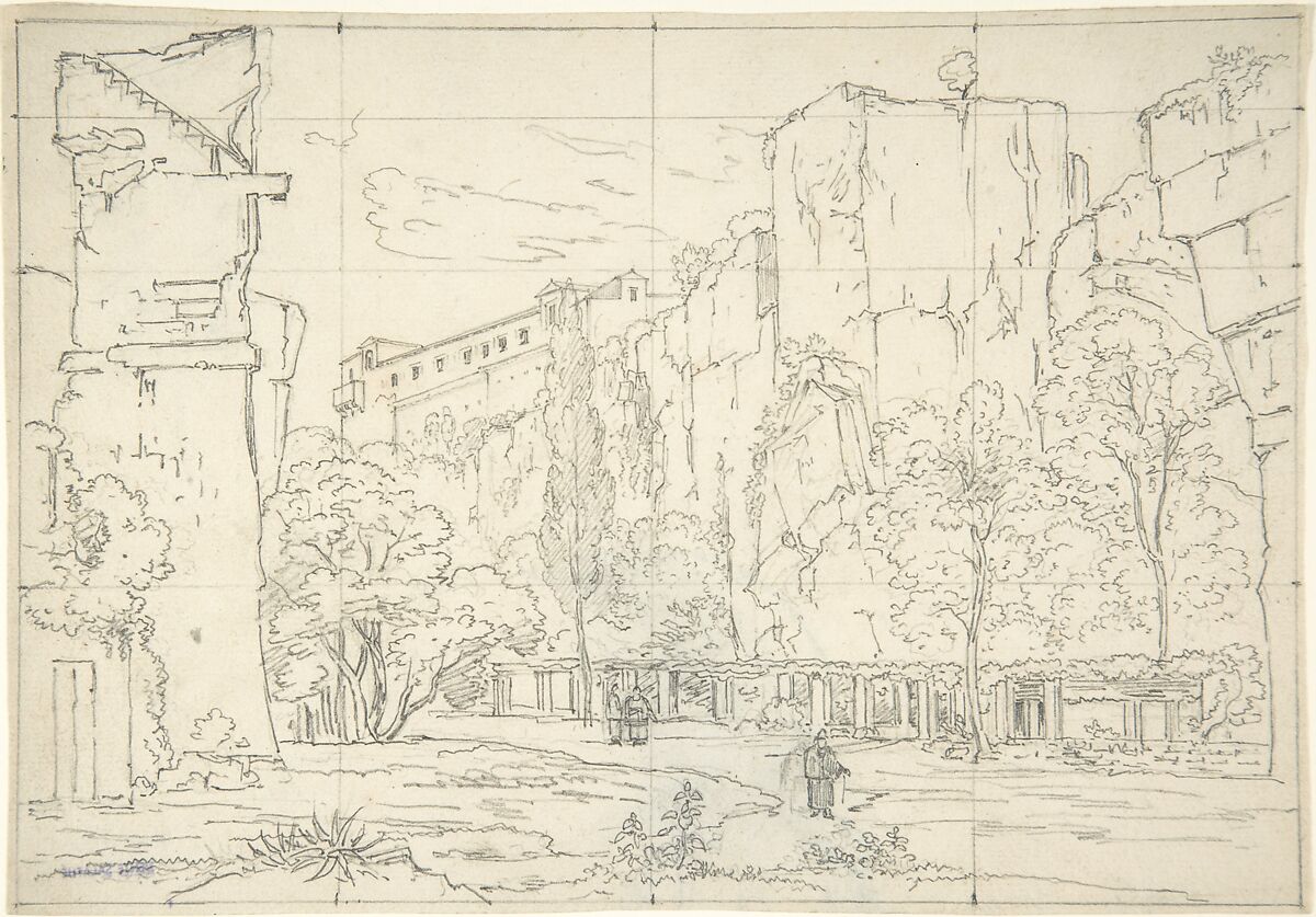 Italian View: A Pathway and Arbor at the Base of Cliffs, Friedrich Salathé (Swiss, Binningen 1793–1860 Paris), Graphite, squared 