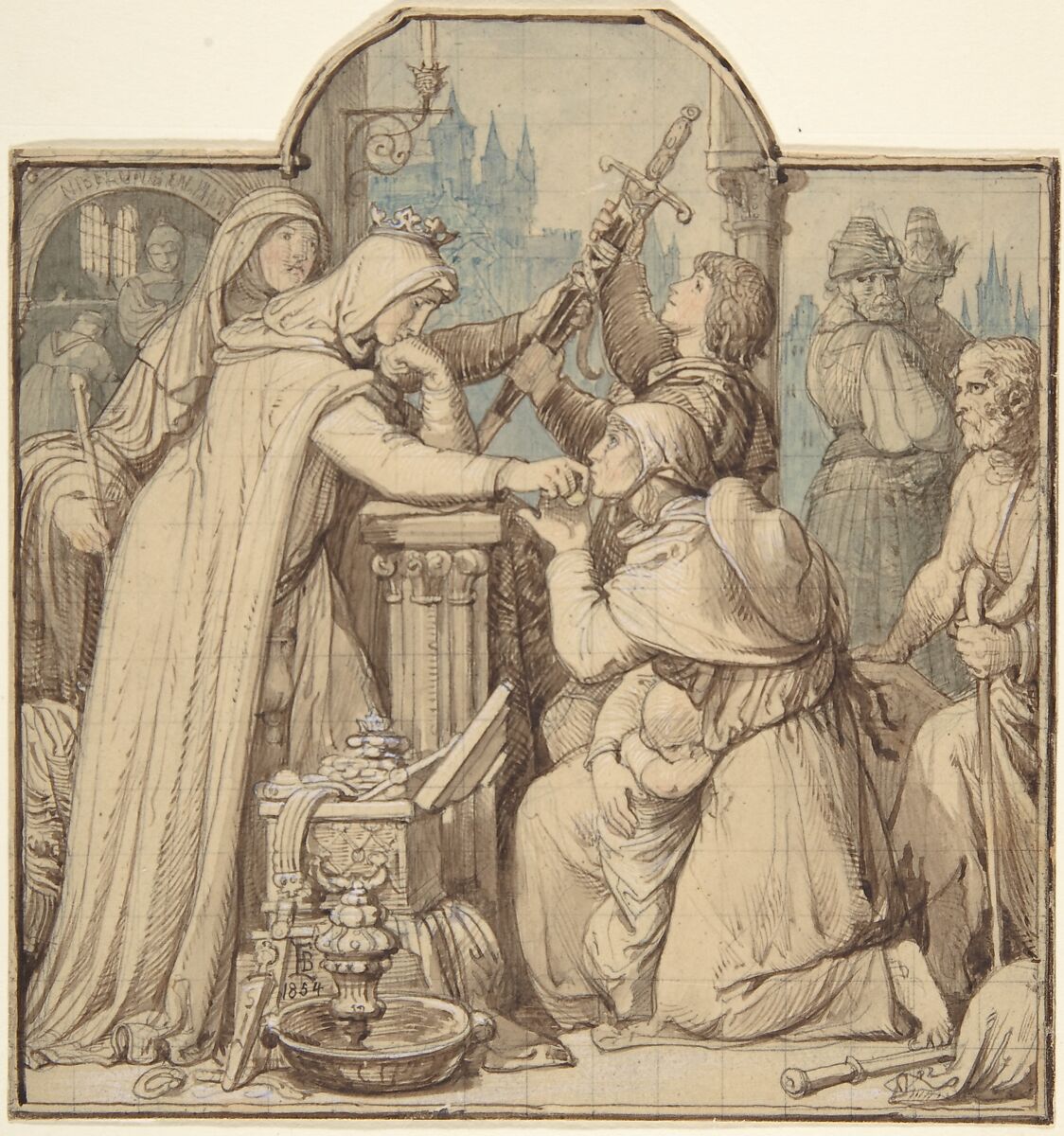Kriemhild, in Mourning over Siegfried, Handing Out Treasures from the Nibelungen Hoard, Eduard Julius Friedrich Bendemann (German, Berlin 1811–1889 Düsseldorf), Pen and brown ink over pencil with brown and gray wash 