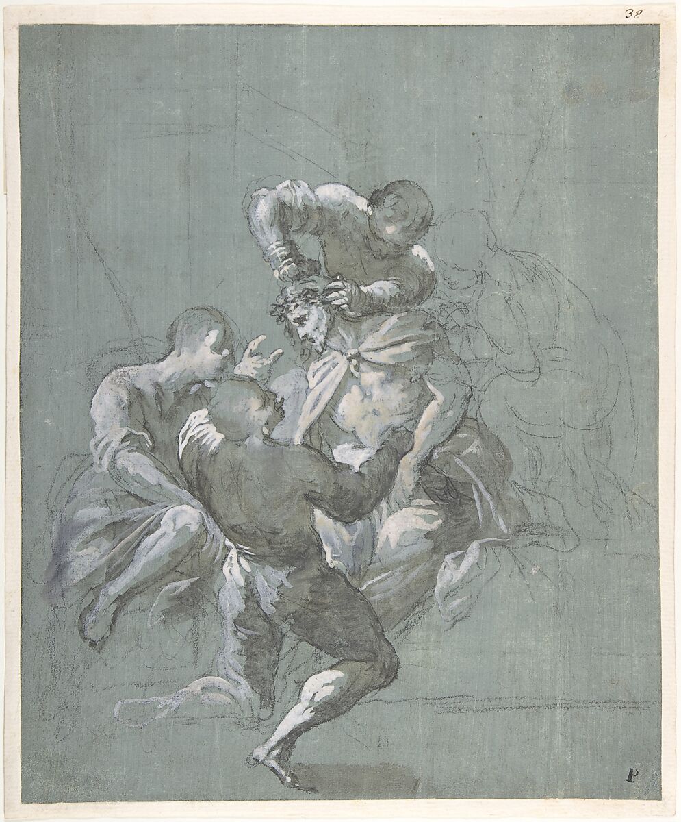 Christ Being Crowned with Thorns, Karl Dankwart  Polish, Black chalk and graphite heightened with white gouache on off-white paper prepared with blue gouache