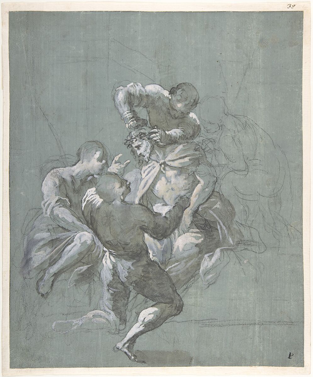 Christ Being Crowned with Thorns, Karl Dankwart (Polish, died after 1703), Black chalk and graphite heightened with white gouache on off-white paper prepared with blue gouache 