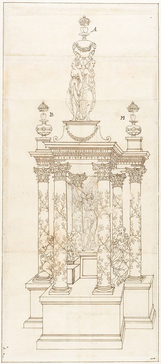 Design for a Double Heart Monument, Anonymous, French, 16th century, Pen and brown ink, black chalk underdrawing