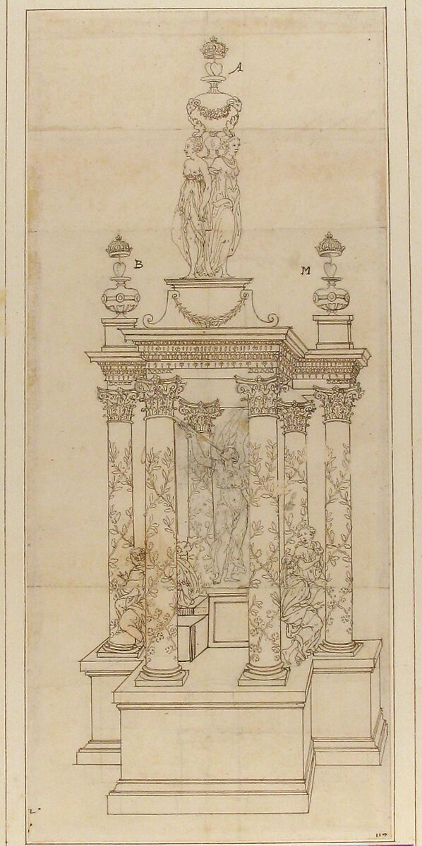 Design for a Double Heart Monument, Anonymous, French, 16th century, Pen and brown ink, black chalk underdrawing