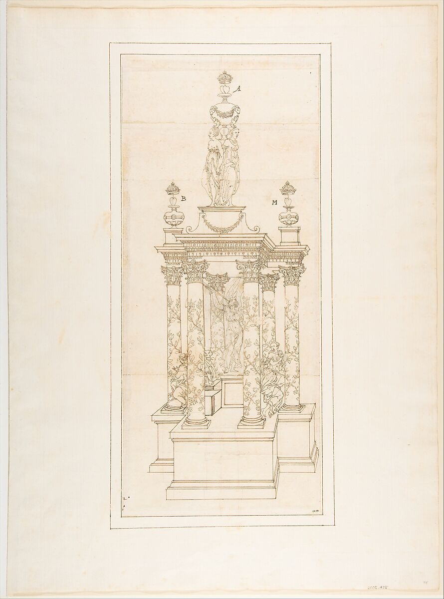 Design for a Double Heart Monument, Anonymous, French, 16th century, Pen and brown ink, black chalk underdrawing 