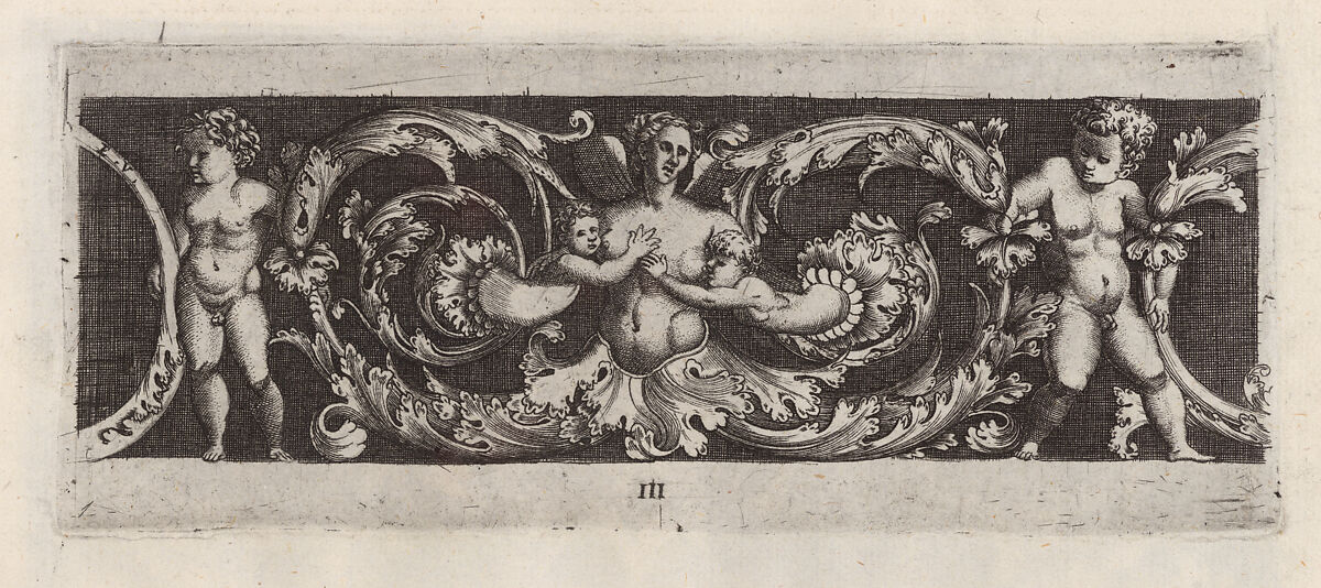 Frieze with Rinceaux, a Siren and Four Children, Enea Vico (Italian, Parma 1523–1567 Ferrara), Engraving 