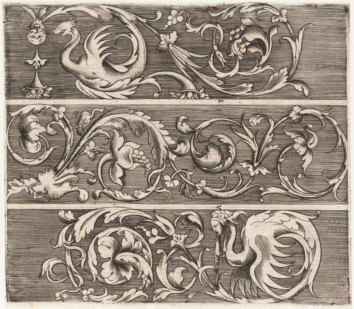 Three Friezes with Ornamental Foliage, Enea Vico (Italian, Parma 1523–1567 Ferrara), Engraving; first state before Salamanca's address 