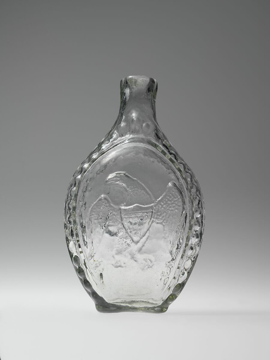 Figured flask, Blown-molded glass, American 