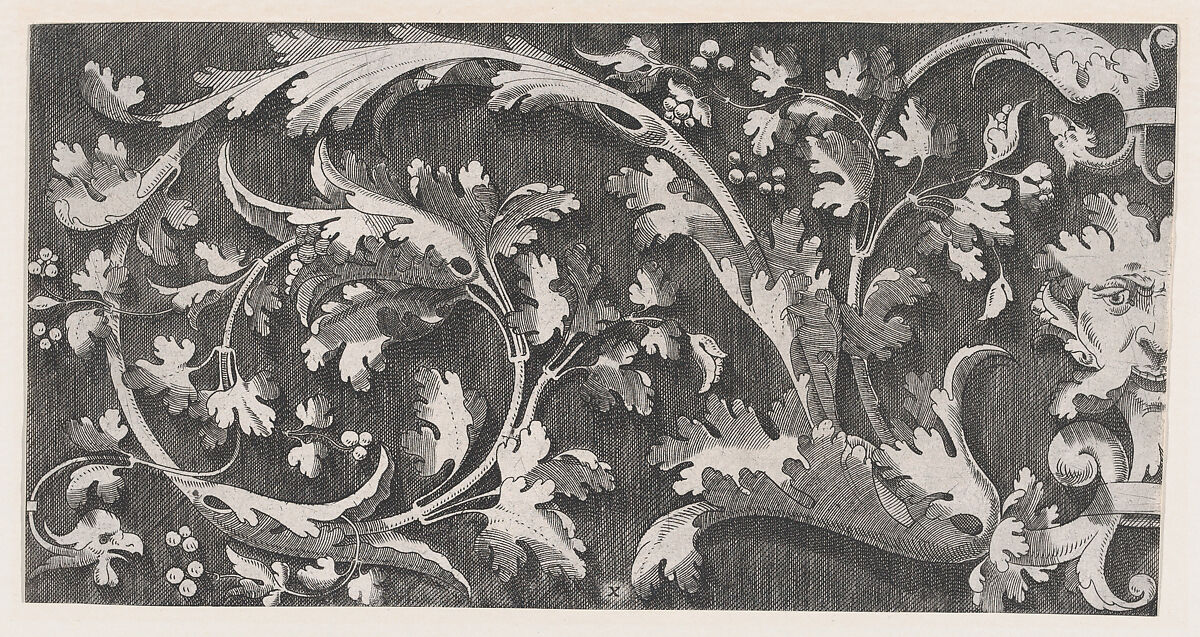 Ornamental Foliage with the Left Half of a Mask, Anonymous, Italian, 16th century, Engraving, 2nd state 