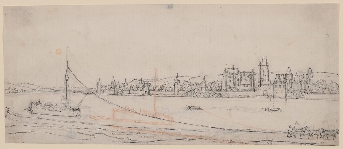 View of Lahnstein on the River Rhine, Wenceslaus Hollar (Bohemian, Prague 1607–1677 London), Pen and brown ink over black and red chalk 