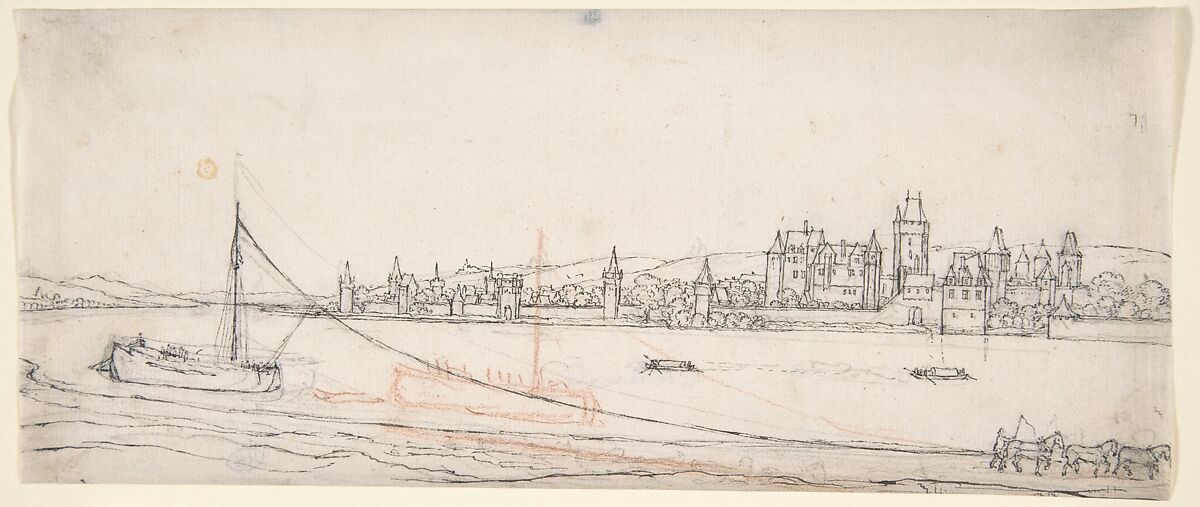 View of Lahnstein on the River Rhine, Wenceslaus Hollar (Bohemian, Prague 1607–1677 London), Pen and brown ink over black and red chalk