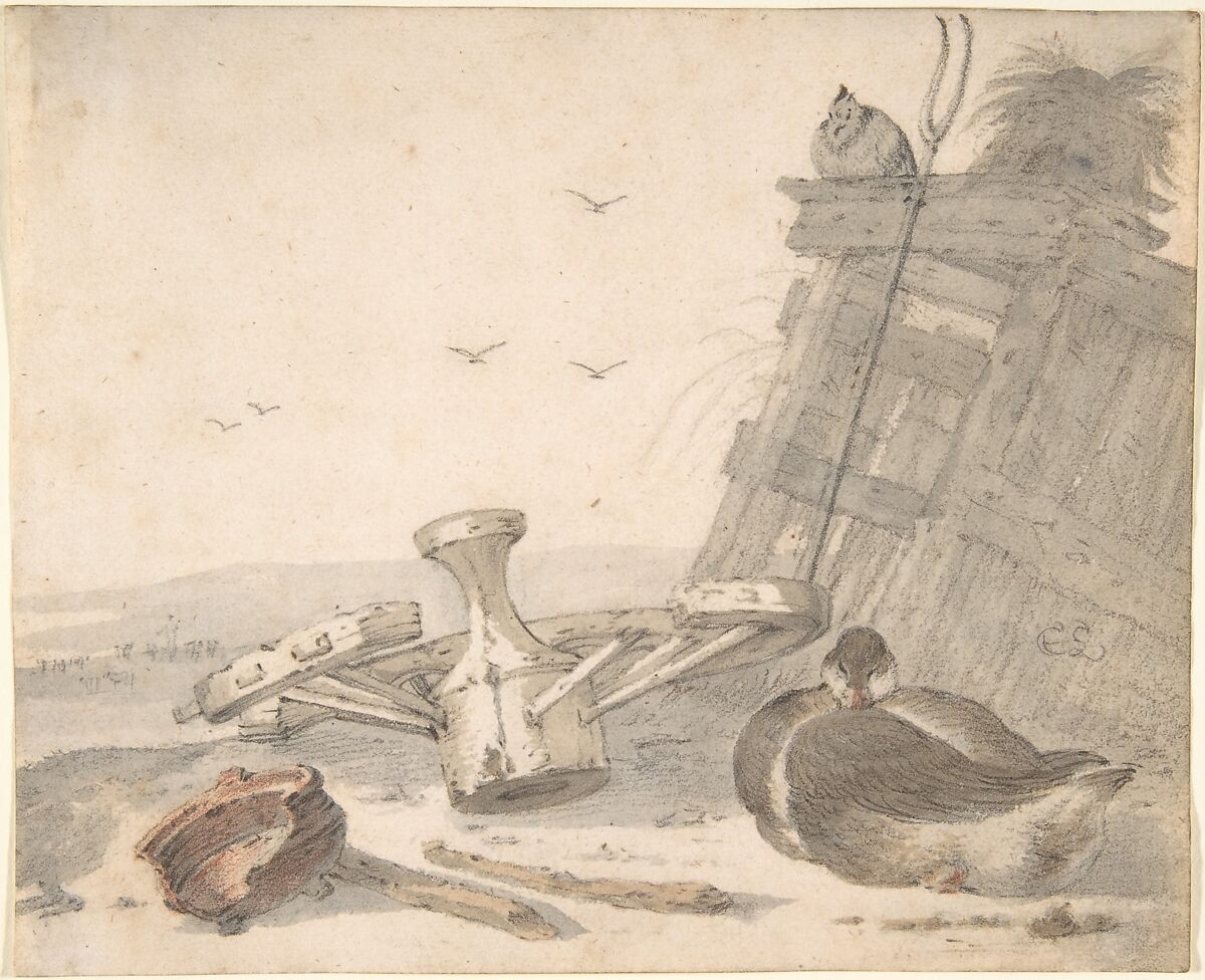 A Duck Sleeping near a Broken Wheel in a Farmyard, a Chicken beyond, Cornelis Saftleven (Dutch, Gorinchem 1607–1681 Rotterdam), Black and red chalk, gray and brown wash 