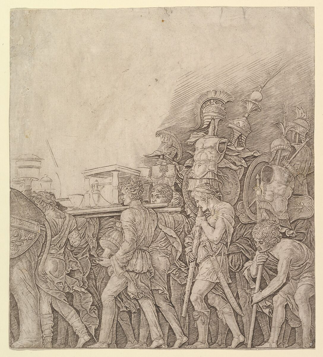 Triumph of Caesar: Soldiers carrying Trophies, School of Andrea Mantegna (Italian, Isola di Carturo 1430/31–1506 Mantua), Engraving 