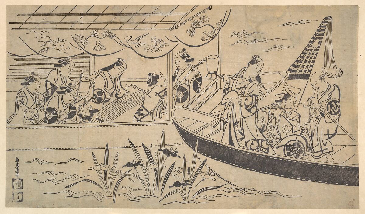 An Actor's Boating Party on the Sumida River, Torii Kiyomasu I (Japanese, active 1696–1716), Woodblock print; ink and color on paper, Japan 