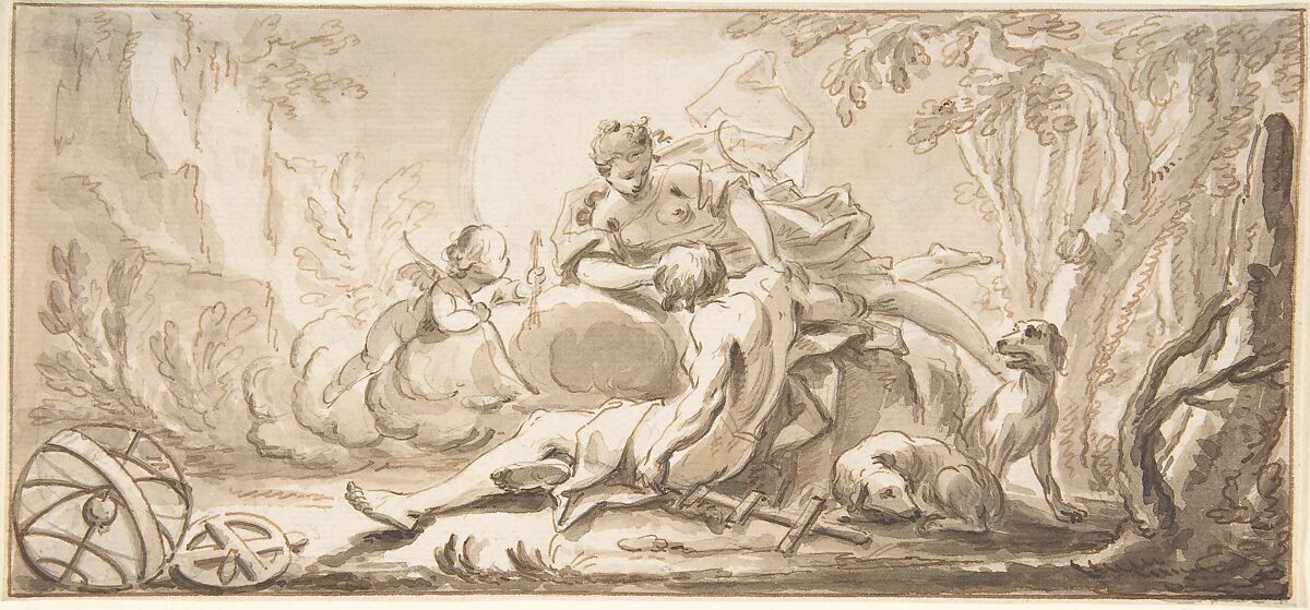 Diana and Endymion, Johann Heinrich Keller (Swiss, Zurich 1692–1765 The Hague), Pen and brown ink, brush and brown wash 