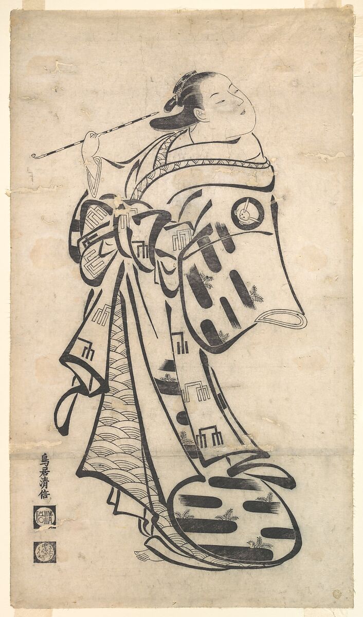 An Oiran Standing, a Pipe in Her right Hand, and Turning to Look Behind over Her Shoulder, Torii Kiyomasu I (Japanese, active 1696–1716), Woodblock print; ink and color on paper, Japan 