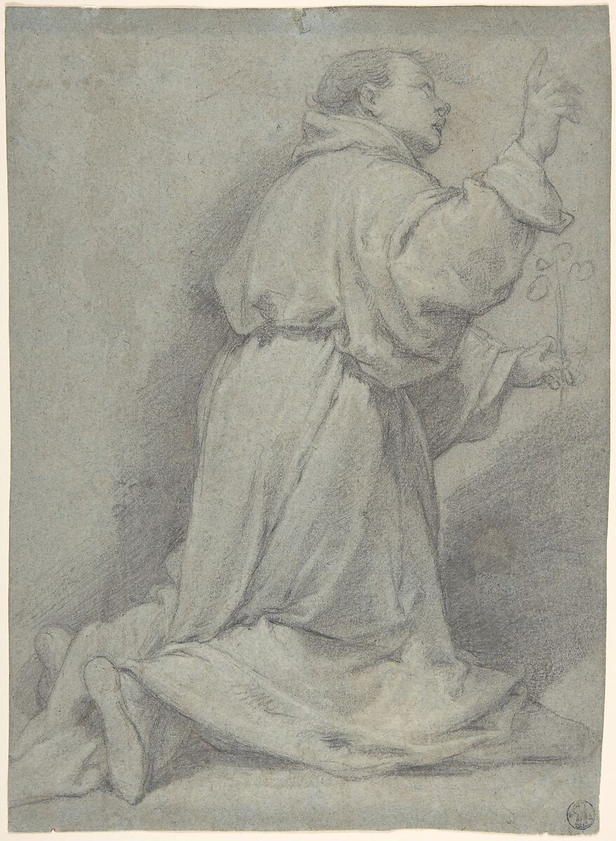 Kneeling Monk, Denijs Calvaert (Netherlandish, Antwerp ca. 1540–1619 Bologna), Black and white chalk on blue paper 