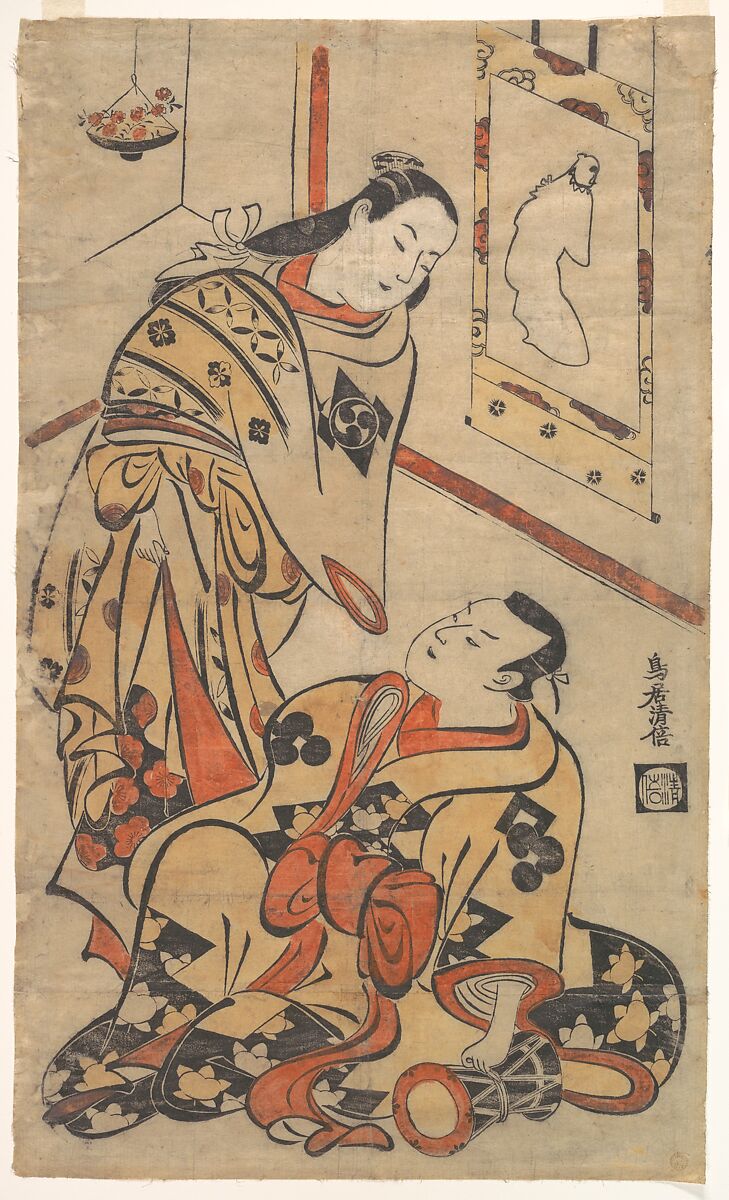 Kabuki Actors Nakamura Gentaro and Ikushima Shingoro, Torii Kiyomasu I (Japanese, active 1696–1716), Woodblock print; ink and color on paper, Japan 