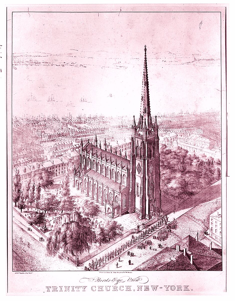 Bird's Eye View of Trinity Church, New York, John Forsyth (American, active New York, 1845–49), Lithograph 