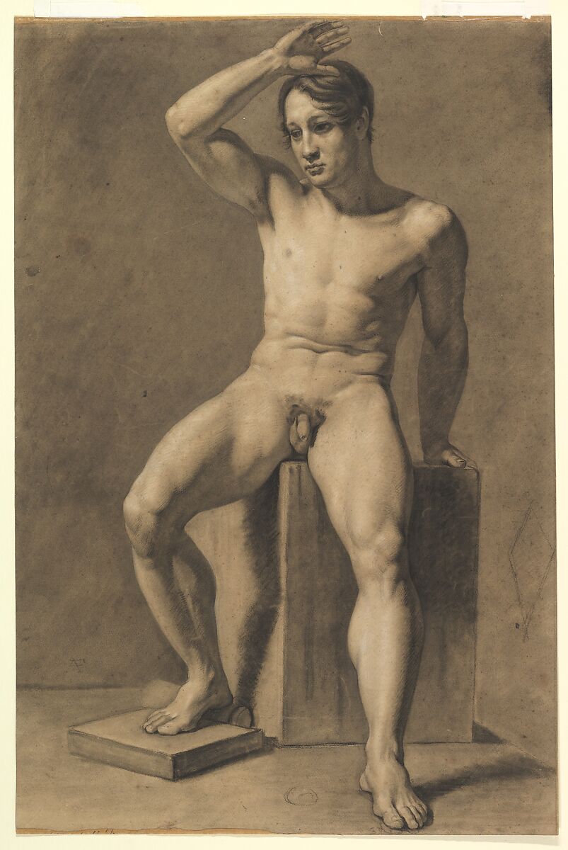 Seated Male Nude; verso, Male Nude Walking, Anselm Feuerbach (German, Speyer 1829–1880 Venice), Black and white chalk on buff paper 