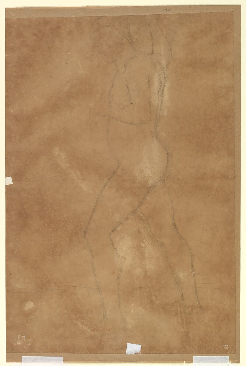Seated Male Nude (recto); Male Nude Walking (verso), Anselm Feuerbach (German, Speyer 1829–1880 Venice), Black and white chalk on buff paper