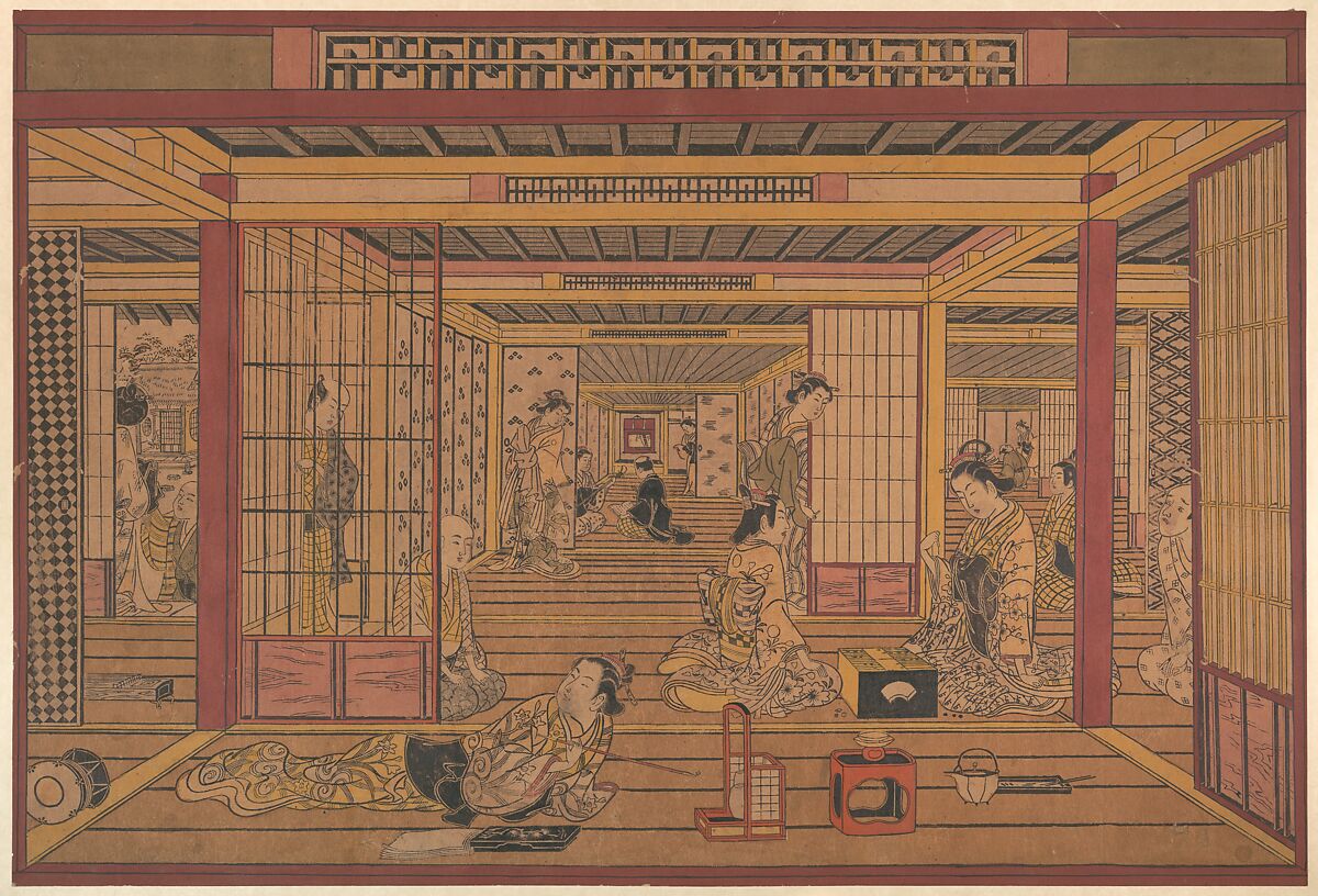 An Interior View in the Yoshiwara, Torii Kiyotada (Japanese, fl. ca. 1720–50), Woodblock print; ink and color on paper, Japan 