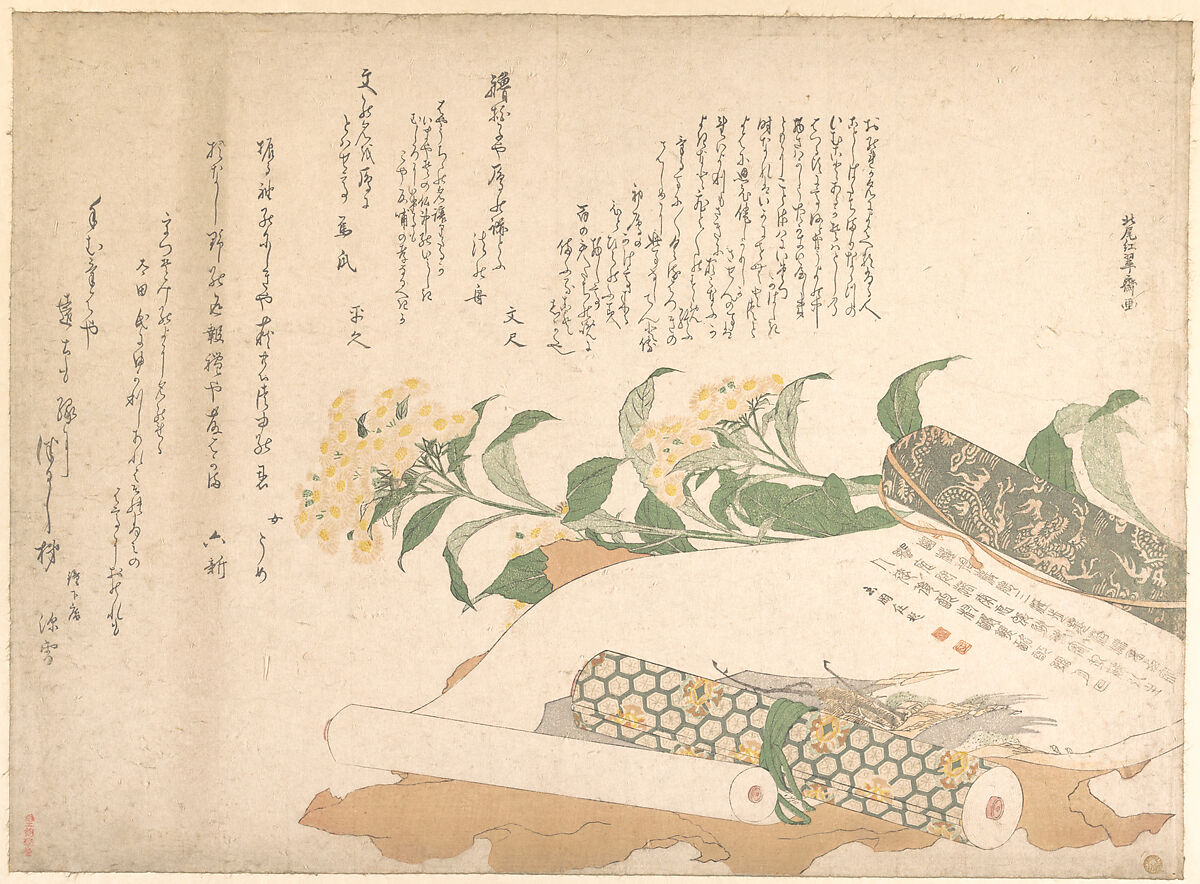Daisies and Two Makimono, Kitao Shigemasa (Japanese, 1739–1820), Woodblock print (surimono); ink and color on paper, Japan 