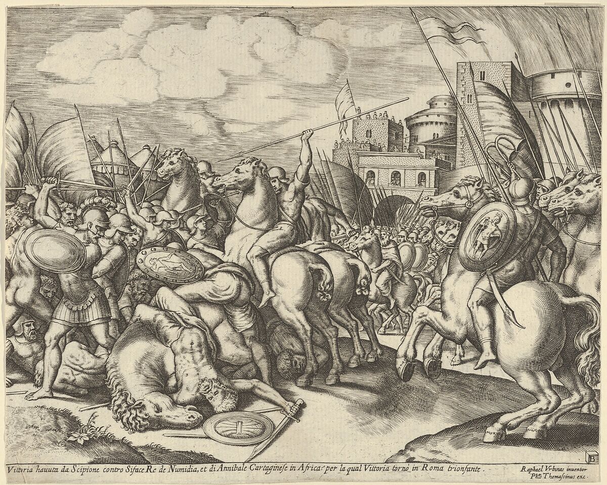 The victory of Scipio over Syphax, Master of the Die (Italian, active Rome, ca. 1530–60), Engraving 