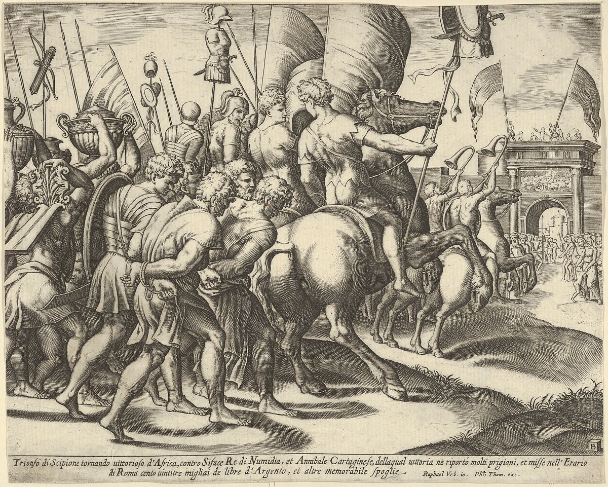The Triumph of Scipio who rides on a horse followed by captured slaves, Master of the Die (Italian, active Rome, ca. 1530–60), Engraving 