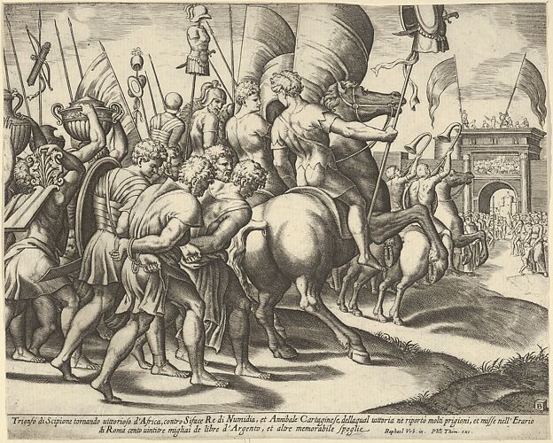The Triumph of Scipio who rides on a horse followed by captured slaves