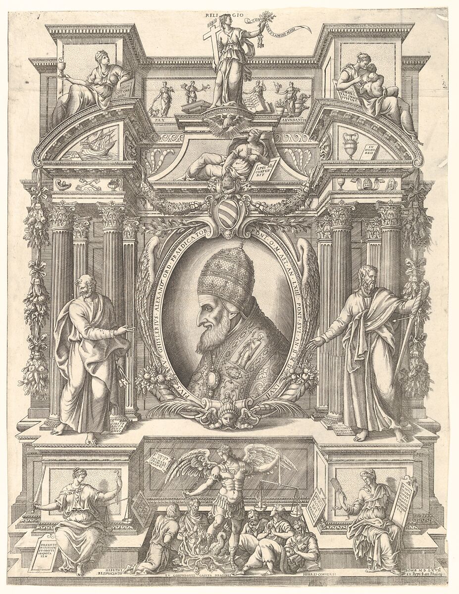Bust portrait of Pope Pius V in profile facing left set within an elaborate architectural structure upon which sit allegorical figures including Faith, Charity and Religion above and Justice and Prudence below who flank St Michael, Mario Cartaro (Italian, born Viterbo, active Rome ca. 1557–88, died 1620), Engraving 