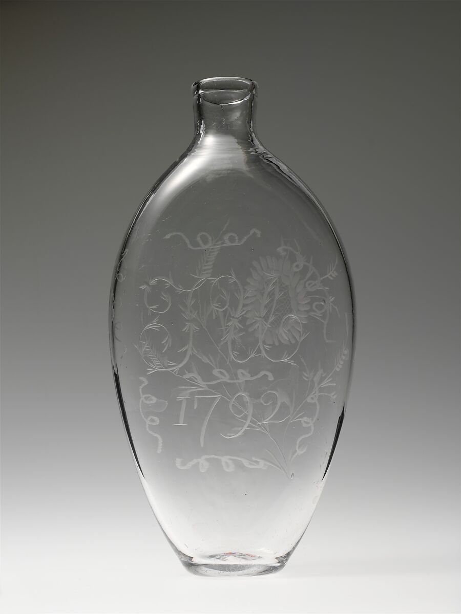 Pocket bottle, Blown and engraved glass, American 