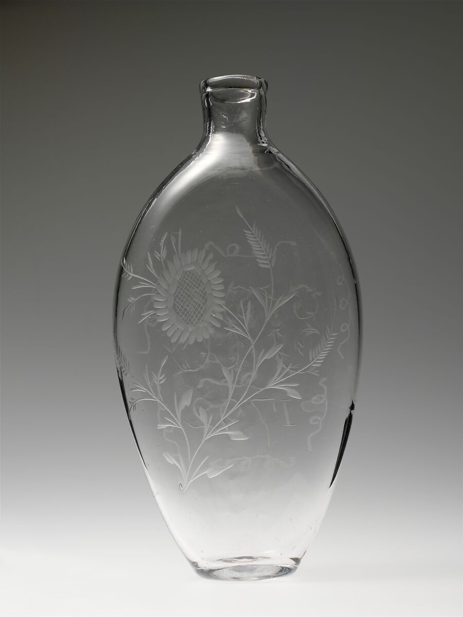 Pocket bottle, Blown and engraved glass, American