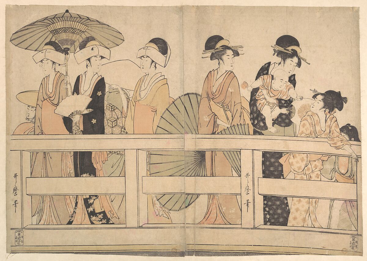 Enjoying the Cool Evening Breeze on and under the Bridge, Kitagawa Utamaro (Japanese, ca. 1754–1806), Two sheets of a hexaptych of woodblock prints; ink and color on paper, Japan 