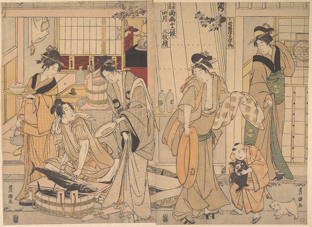 The Fourth Month, Utagawa Toyokuni I (Japanese, 1769–1825), Two sheets of a triptych of woodblock prints; ink and color on paper, Japan 