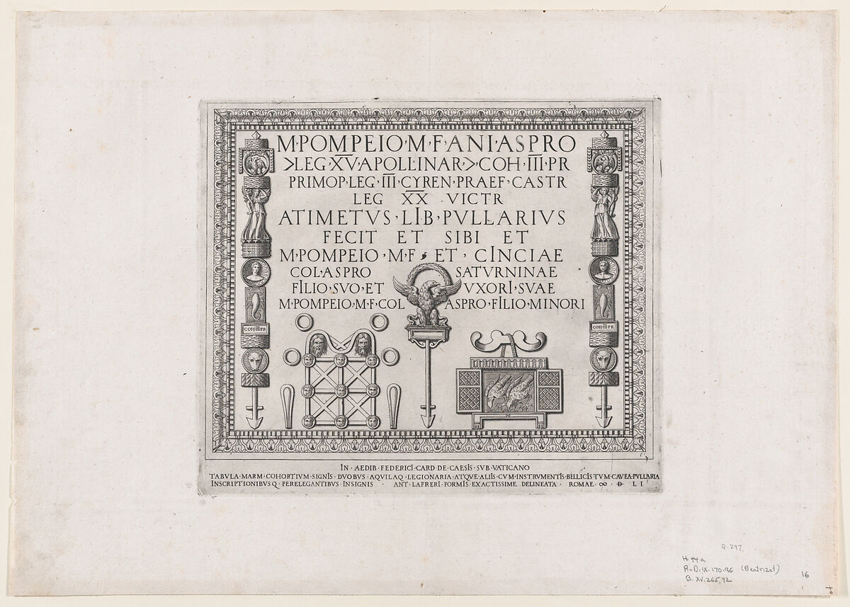 A Marble Plaque with Military Insignia, from "Speculum Romanae Magnificentiae", Nicolas Beatrizet (French, Lunéville 1515–ca. 1566 Rome (?)), Engraving; first state of two (Robert-Dumesnil) 