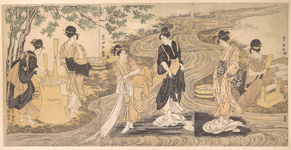 Tetsukuri no Tamagawa on the Musashino Plain, Utagawa Toyokuni I (Japanese, 1769–1825), Triptych of woodblock prints; ink and color on paper, Japan 