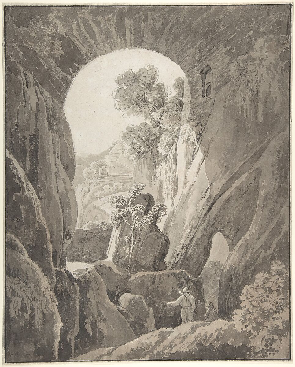 The Caves of Acradina near Syracuse in Sicily, Jacob Wilhelm Mechau (German, Leipzig 1745–1808 Dresden), Pen and brownish gray ink, brush and brownish gray wash over black chalk; framing lines in pen and dark brown ink 